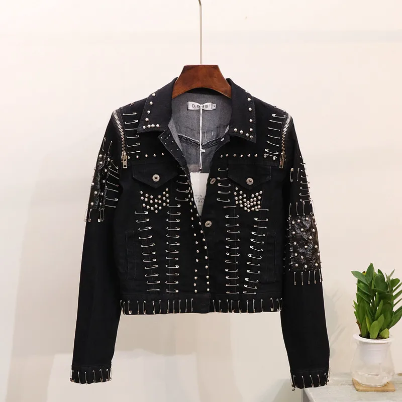 Jeans Jacket Women's Handwork Rivet Studded pin slim short