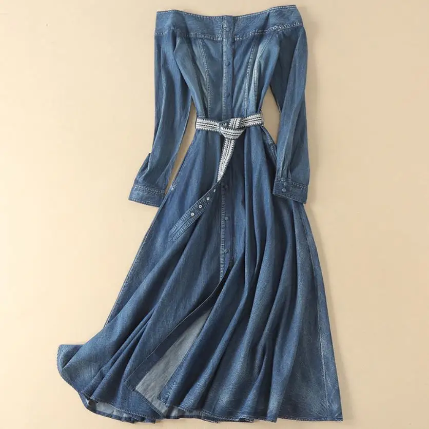 

2019 spring fashion Women flower embroidery slash neck long denim jeans dress vintage off shoulder a-line dress