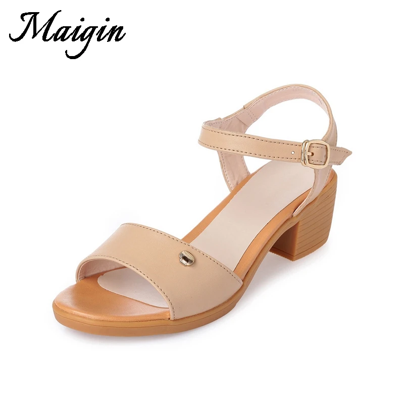 Maigin High Quality Summer Sandals Breathable Genuine Leather Women Sandals Buckle StraP Block Heels Open Toe Ladies Shoes Women