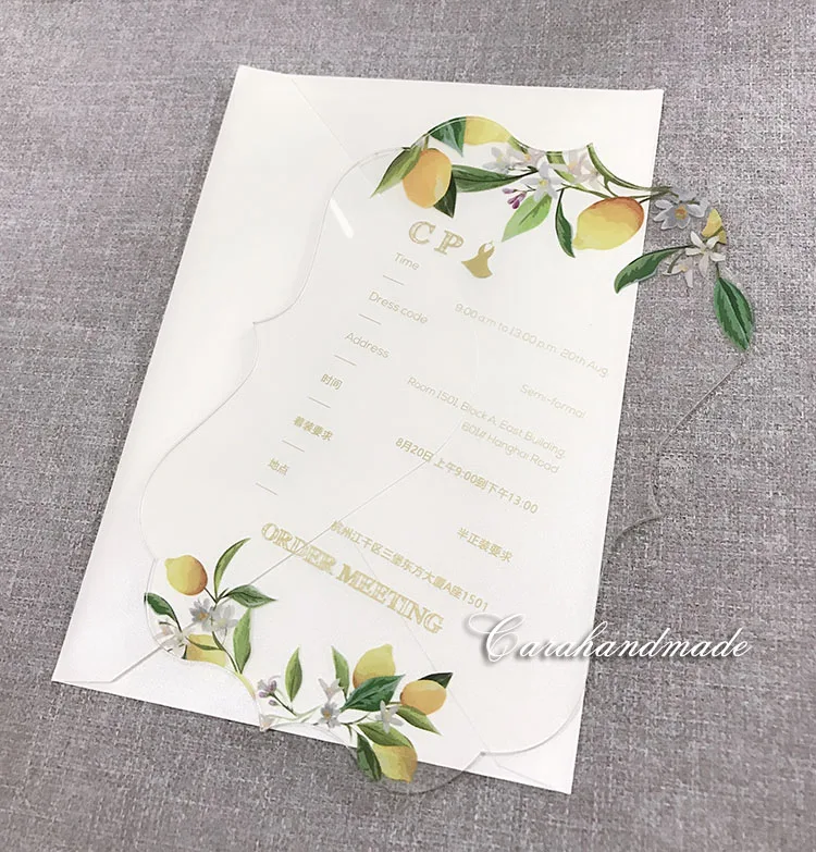  Acrylic wedding invitation customized flower decoration CA0750 with gold foil flower inner envelope - 32776898885