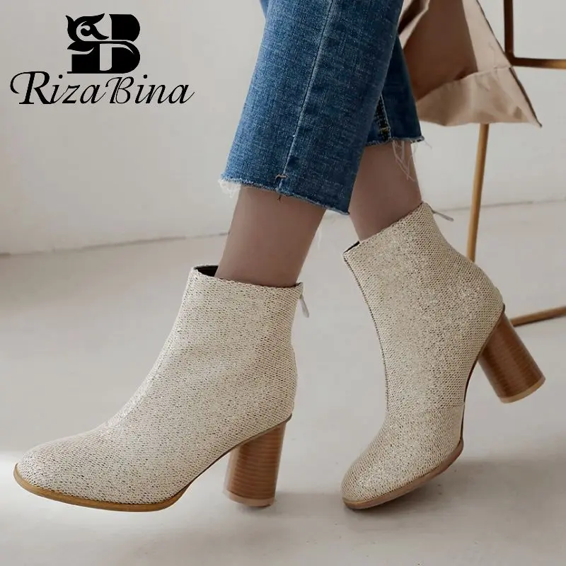 

RIZABINA Winter Ankle Boots Women Plus Size 32-48 2020 New Fashion Bling Fabric Casual Zipper Square Heel Shoes Women Warm Fur