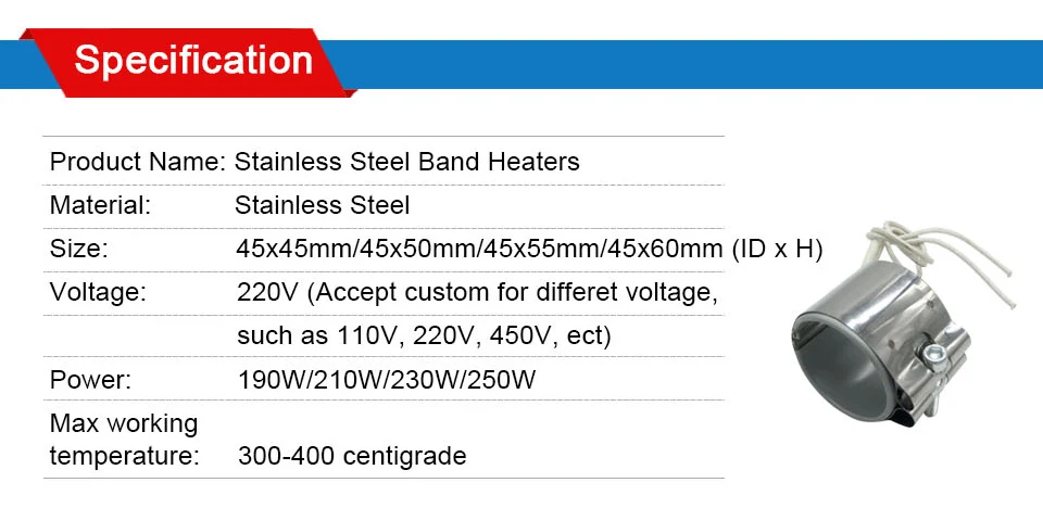 LJXH ленточный нагреватель нагревательный элемент AC110V/220 V/380 V 45x45mm/45x50mm/45x55mm/45x60mm 190 W/210 W/230 W/250 W Нержавеющая сталь