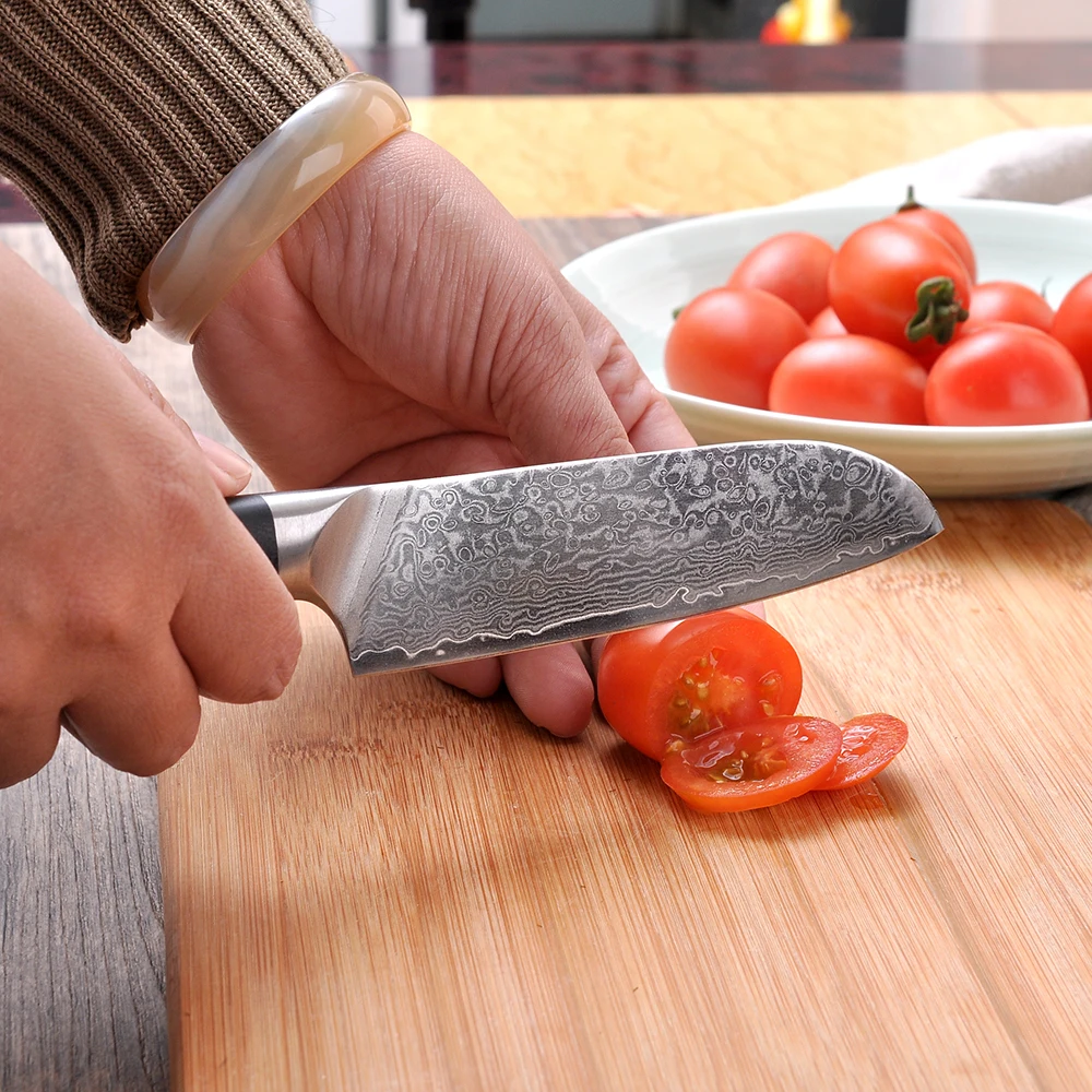 

SUNNECKO Damascus Steel 7" Santoku Knife Japanese VG10 Core Razor Sharp Blade Kitchen Knives G10 Sanding Handle 5" Knives Cutter