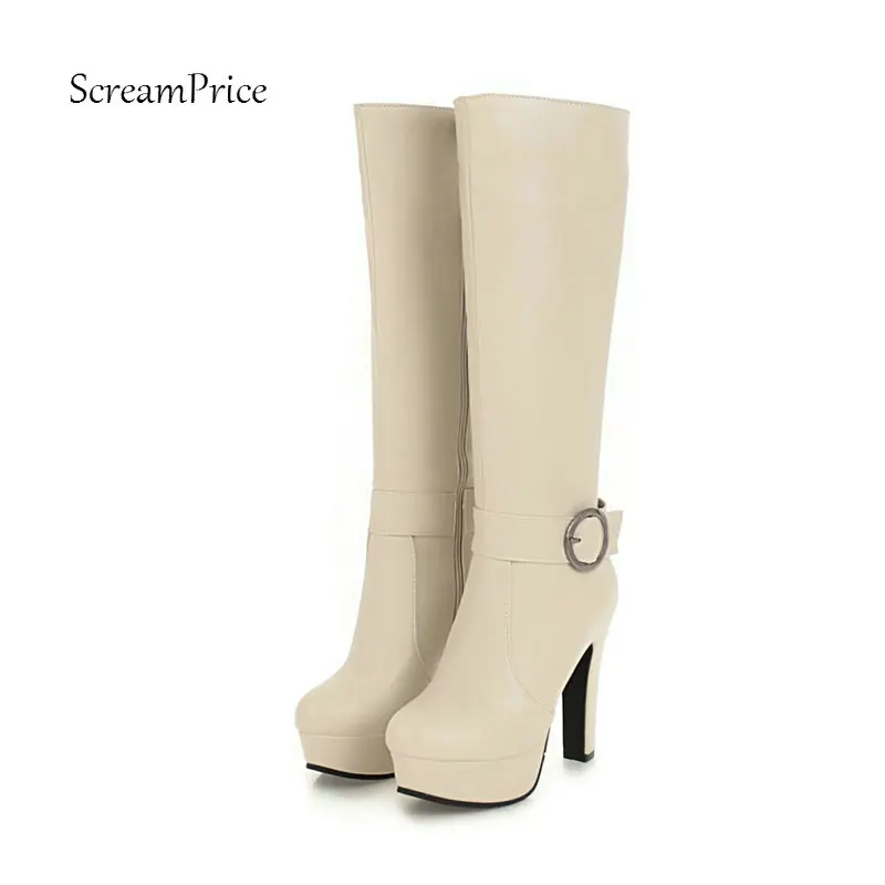 

Women Knee High Boots Women's Platform Square High Heel Zipper Boots Round Toe Autumn Winter Fashion Woman Shoes 2018 New