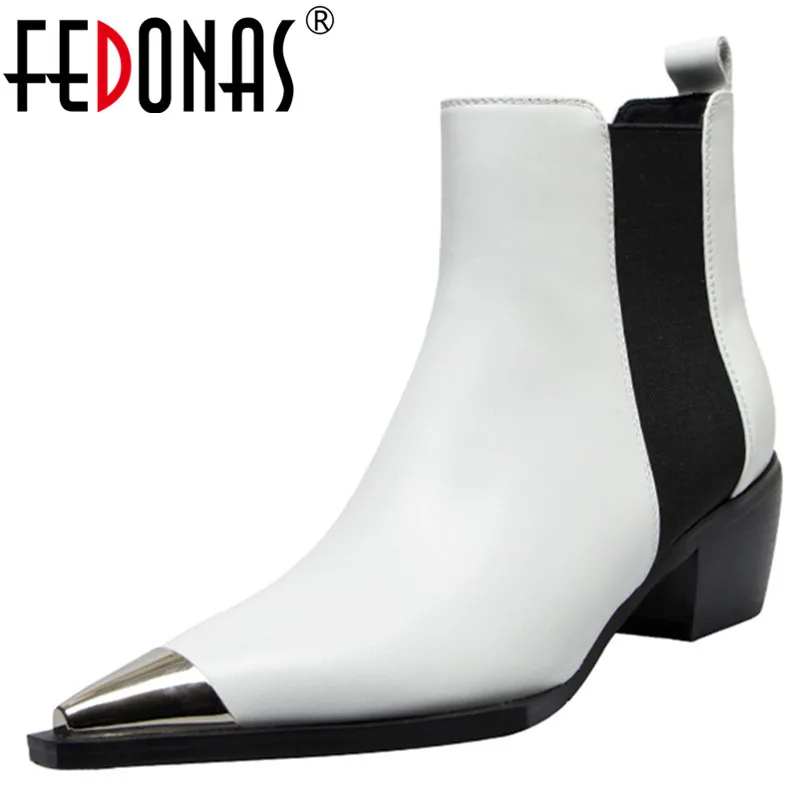 

FEDONAS 2019 Spring Autumn New Fashion Punk Pointed Toe Square Heels Women Ankle Boots Classic Slip on Chelsea Boots Party Shoes