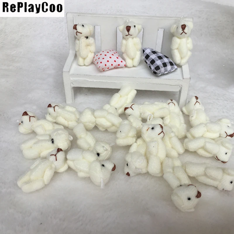 

100PCS/LOT Joint Ted Bear Plush Toy 3.5cm Animal Stuffed White Doll Teddy Bears with Bow Plush Pendant Kids Toys Wedding Gifts