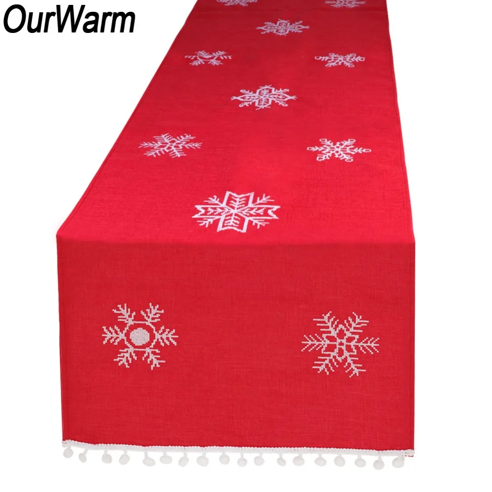 

OurWarm Red Christmas Table Runner with White Balls Snowflake Embroidered Table Runner Christmas Decoration for Home