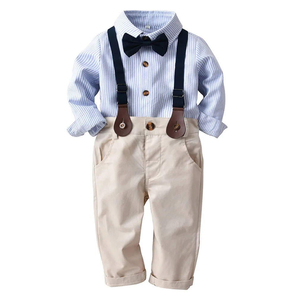 Комплект для маленьких мальчиков, Весенняя повседневная детская одежда в полоску Одежда с длинными рукавами+ штаны на подтяжках комплект детской одежды из 2 предметов