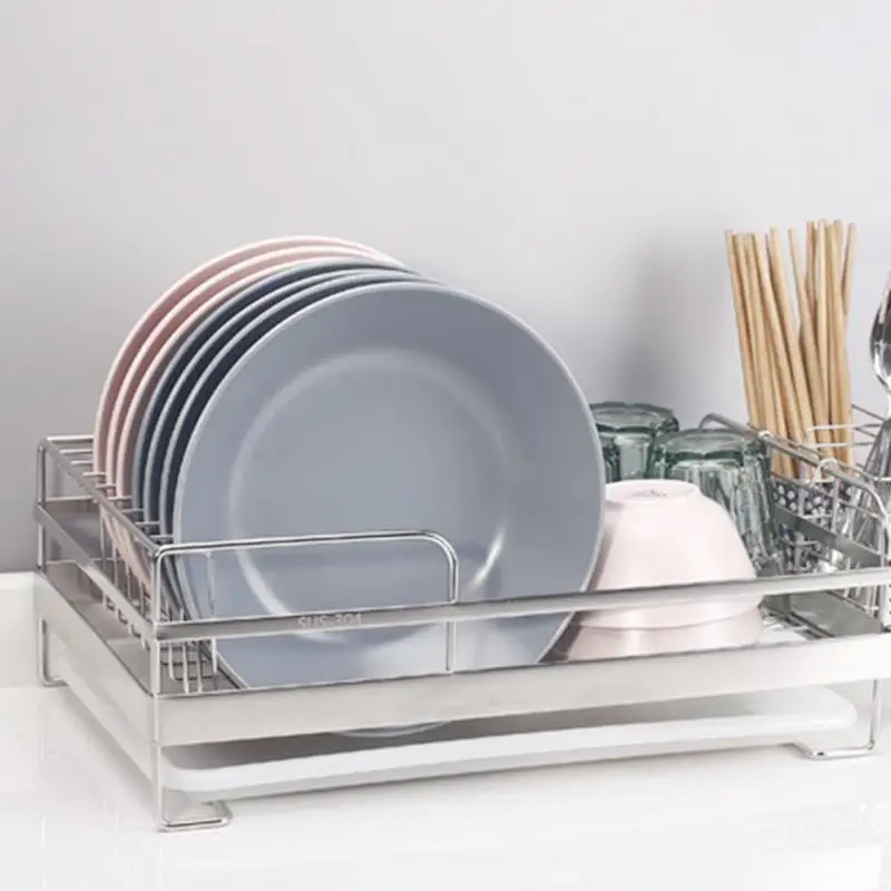 

Dish Rack Chrome Stainless Plate Dish Cutlery Cup Rack With Tray Steel Drain Bowl Rack Kitchen Shelf Basket