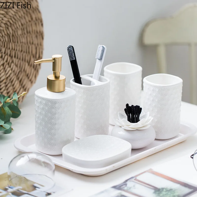 

European Style Ceramics Emboss Bathroom Set 4 Piece Set High-end Mouth Cup Wash Toothbrush Holder Creative Bathroom Kit