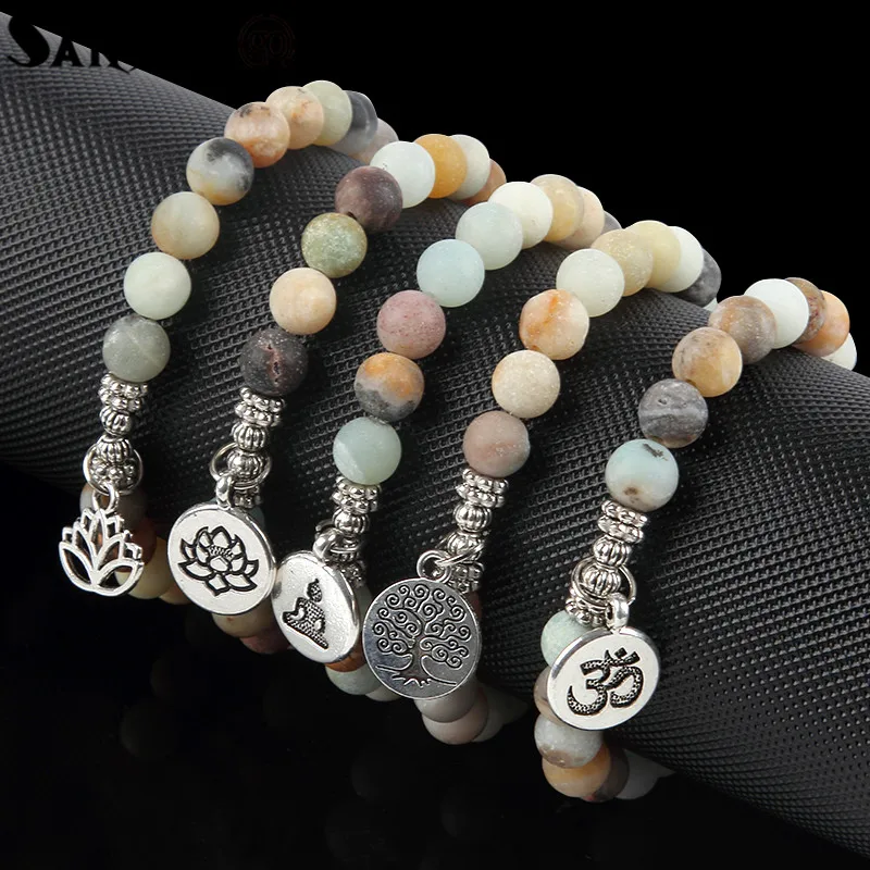 

New Natural Stone 8mm Amazon Stone Yoga Energy Bracelet Lotus Flower Buddha Head Charms Bracelet For Woman Man Fashion Jewelry