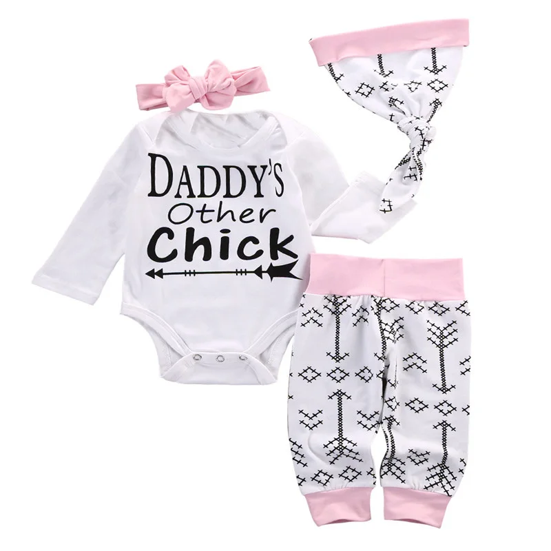 

4PCS Set 2017 Hot baby Autumn new baby boy clothes Children Baby Girls Long Sleeve Top Headband Hat Tops pants clothing set