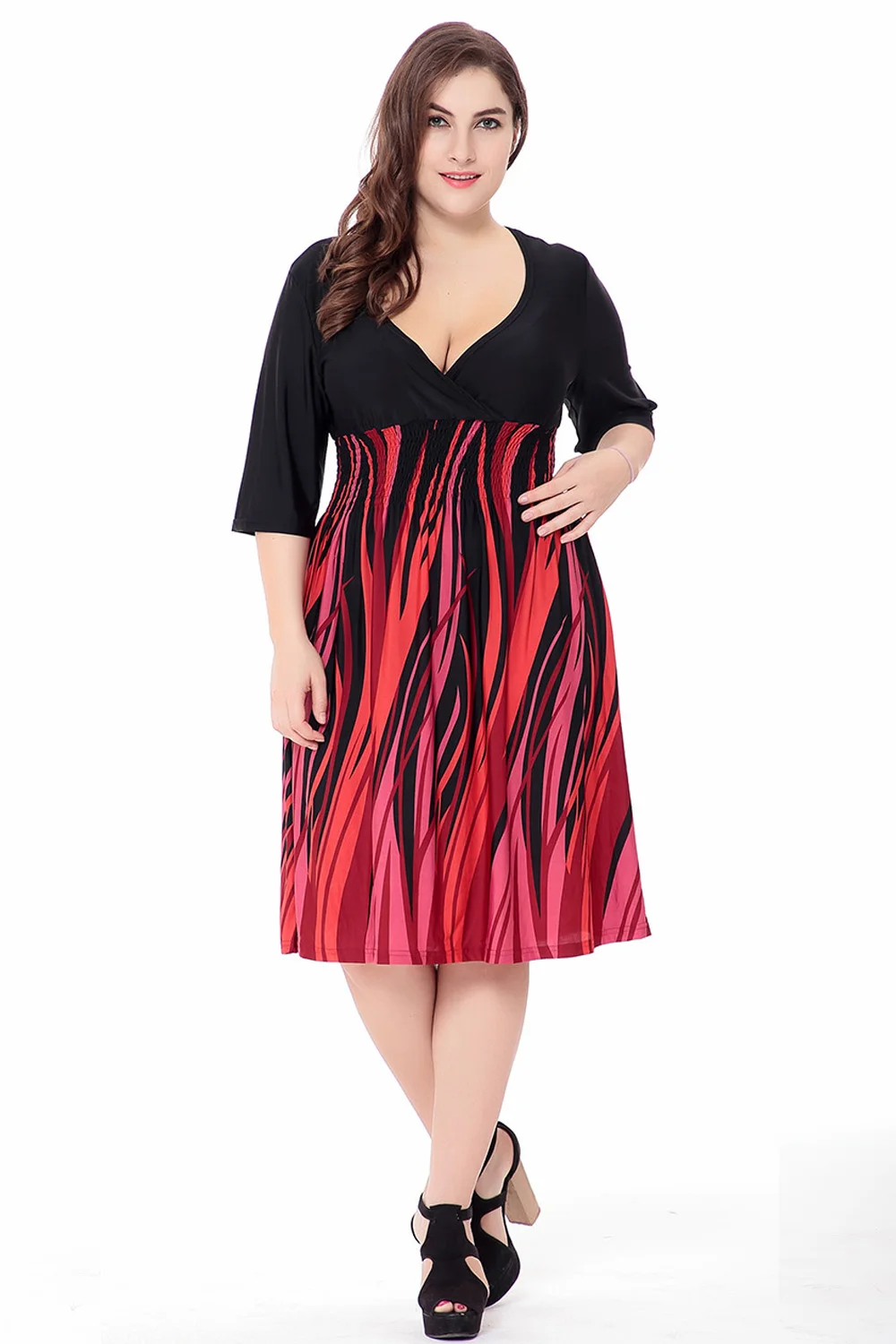 High Waist Women Dress Pattern Printed Sexy V Neck Plus Size Dress XL