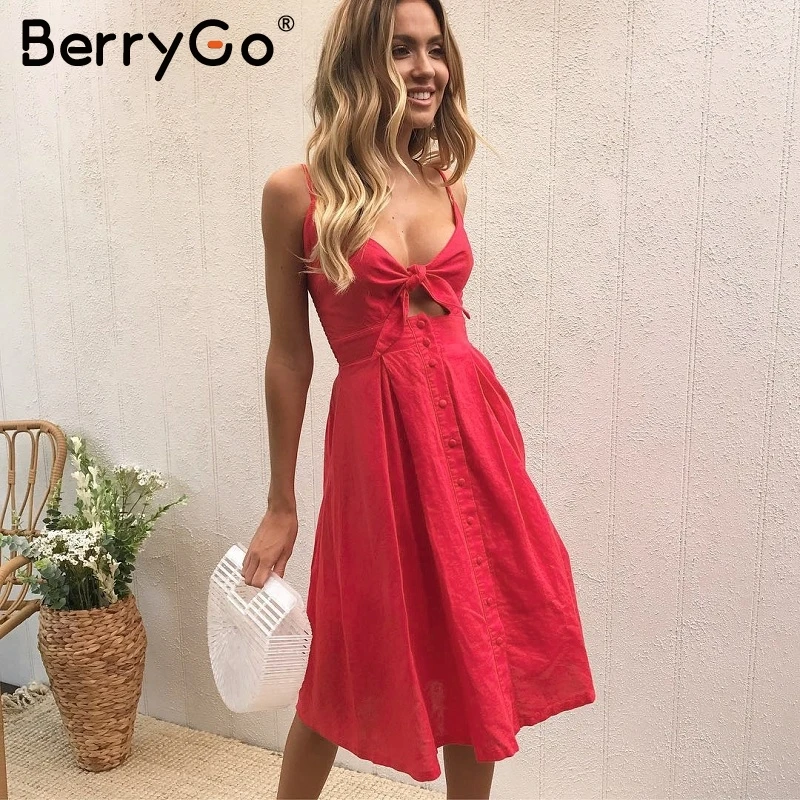 Goedkoop BerryGo Hollow out strap midi vrouwen jurk Causale backless zomer jurk vrouwelijke Knop boog witte jurk 2018 lente vestidos