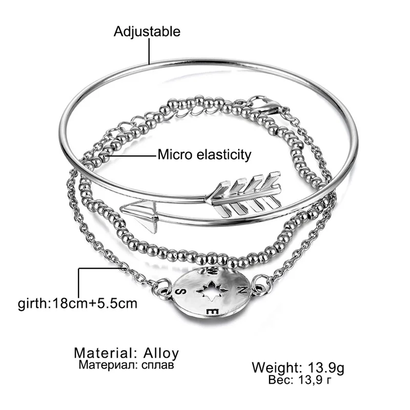 3 шт./компл. браслеты богемные полые стрелы бусины компас цепь серебро многослойный браслет дамы ювелирные изделия подарки