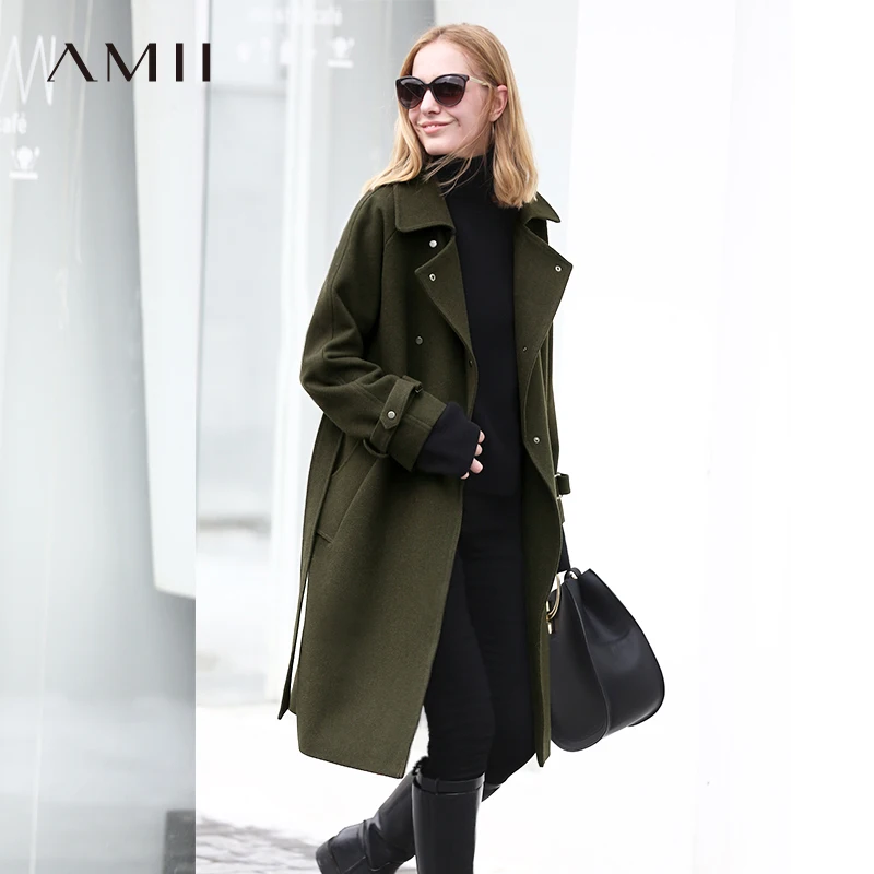 

Amii Minimalist Women Woolen Jacket 2018 Office Rivets Solid Wool Belt Elegant Female Woolen Coat Black Khaki Long Jacket