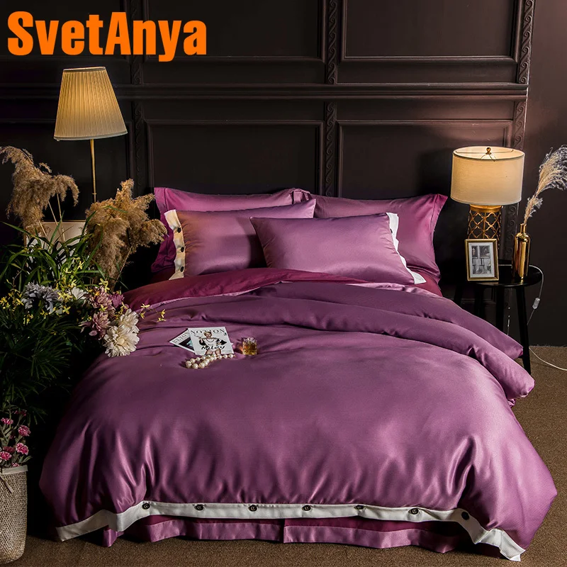 

Svetanya Button Bedding sets Queen King size Sheet Pillowcases Quilt Cover set Silk Polyester Cotton Fabric Purple