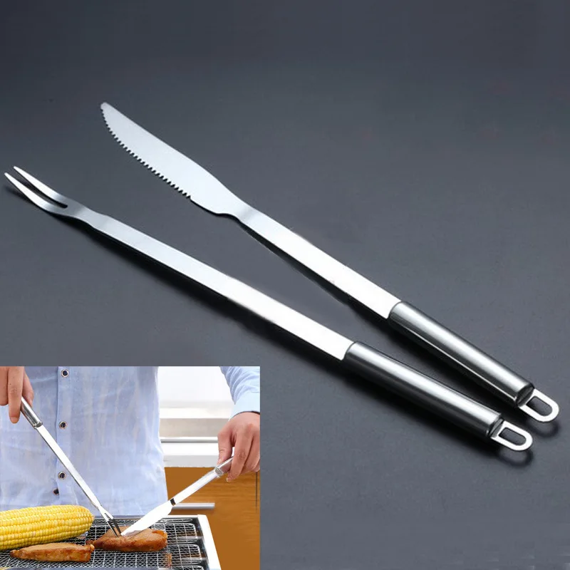 

1SET Stainless Steel BBQ Tools Knife & Fork Set Round Handle Heat Resistance Non-Stick Grill For Outdoor Barbecue Tools OK 0272