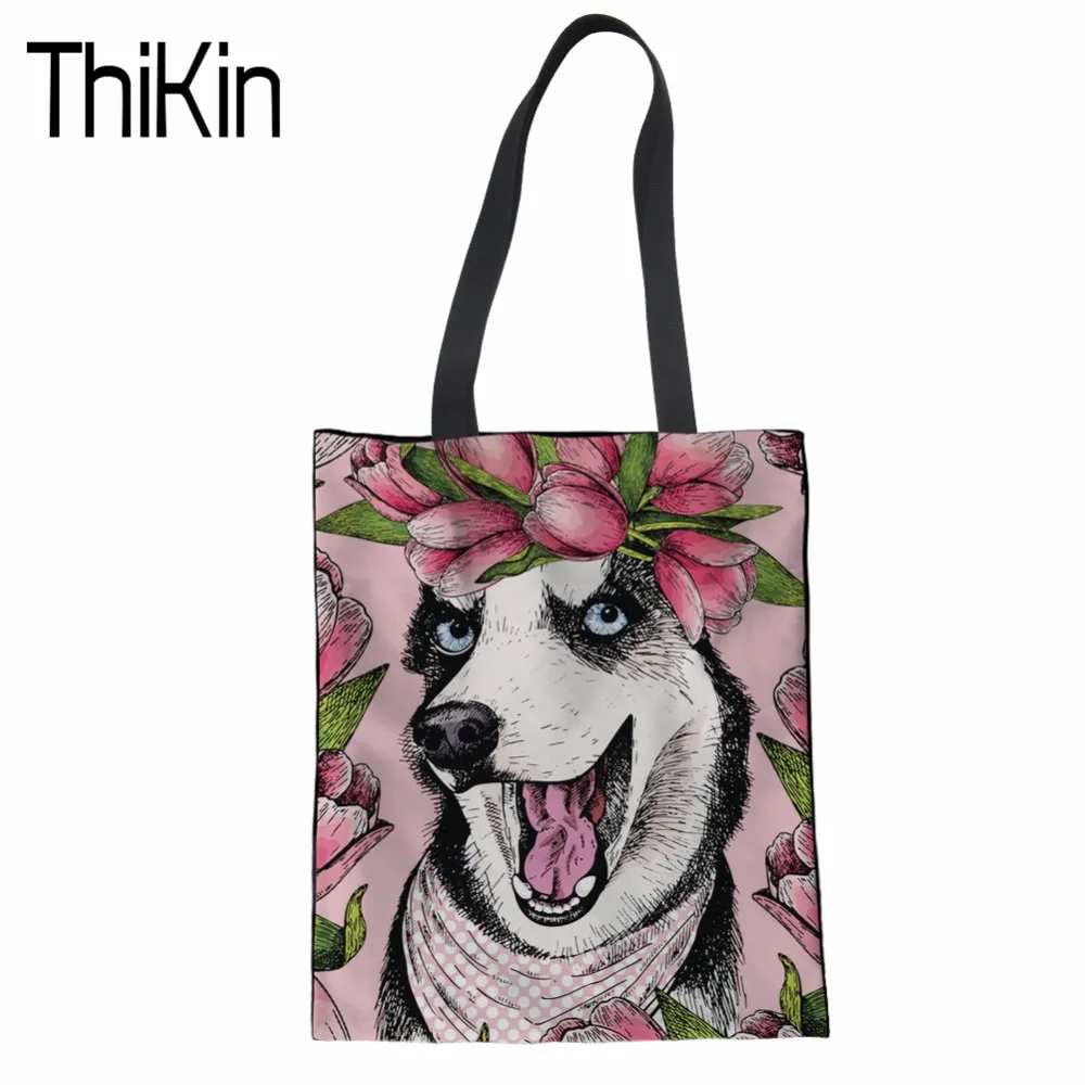 

THIKIN Husky 3D printing women reusable shopping bag female tote handbag ladies book pouch bolsa feminina bolso mujer for girls