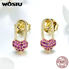 WOSTU подарок для влюбленных, 925 пробы, серебряные, розовые серьги-гвоздики в форме сердца, циркониевые серьги золотого цвета для женщин, свадебные серебряные украшения FNE043