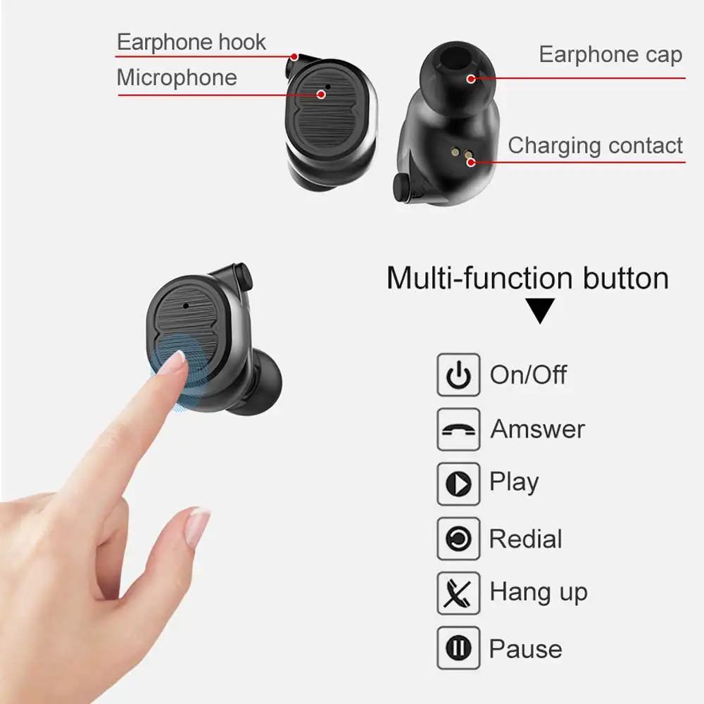 TWS Wireless Bluetooth 5.0 Earphones Waterproof Sports Mini Earbuds HIFI Stereo Smart Touch Headset with Charging Built-in Mic
