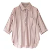 Women Plus Size Pullover Loose Blouse Striped Lapel Collar Seven Point Sleeve Solid Single Buckle Autumn Loose Casual Shirt 1