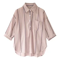 Women Plus Size Pullover Loose Blouse Striped Lapel Collar Seven Point Sleeve Solid Single Buckle Autumn Loose Casual Shirt 1