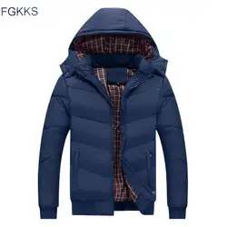 FGKKS мужские парки с капюшоном пальто зимняя куртка толстый воротник мужские теплые однотонные пальто повседневная мужская зимняя одежда