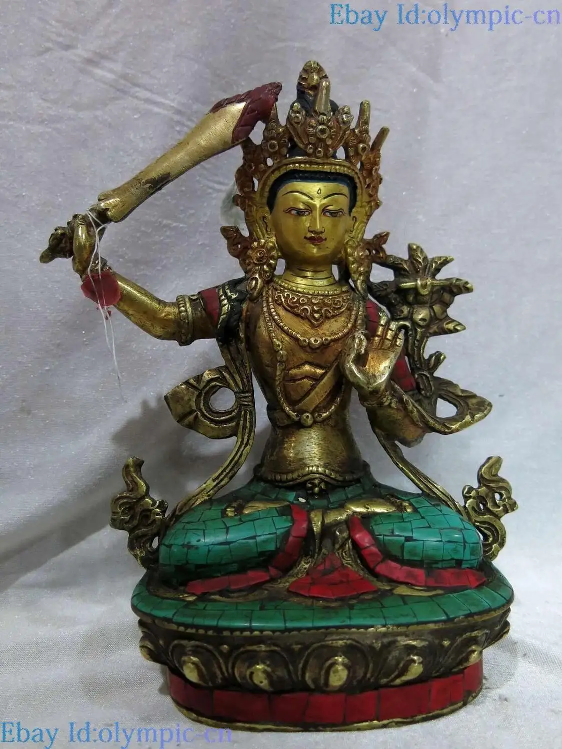 9 &quotТибет Старая Бронза gild calaite скульптура Manjusri Kwan-yin статуя Бодхисаттвы | Дом и