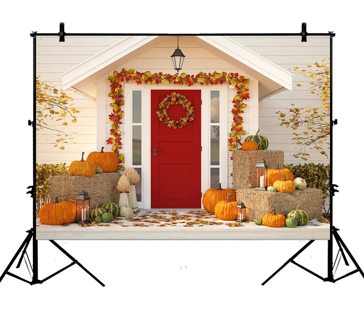 

5x7ft Thanksgiving Day Golden Leaves Vine Pimpkins Lantern Polyester Photo Background Portrait Backdrop