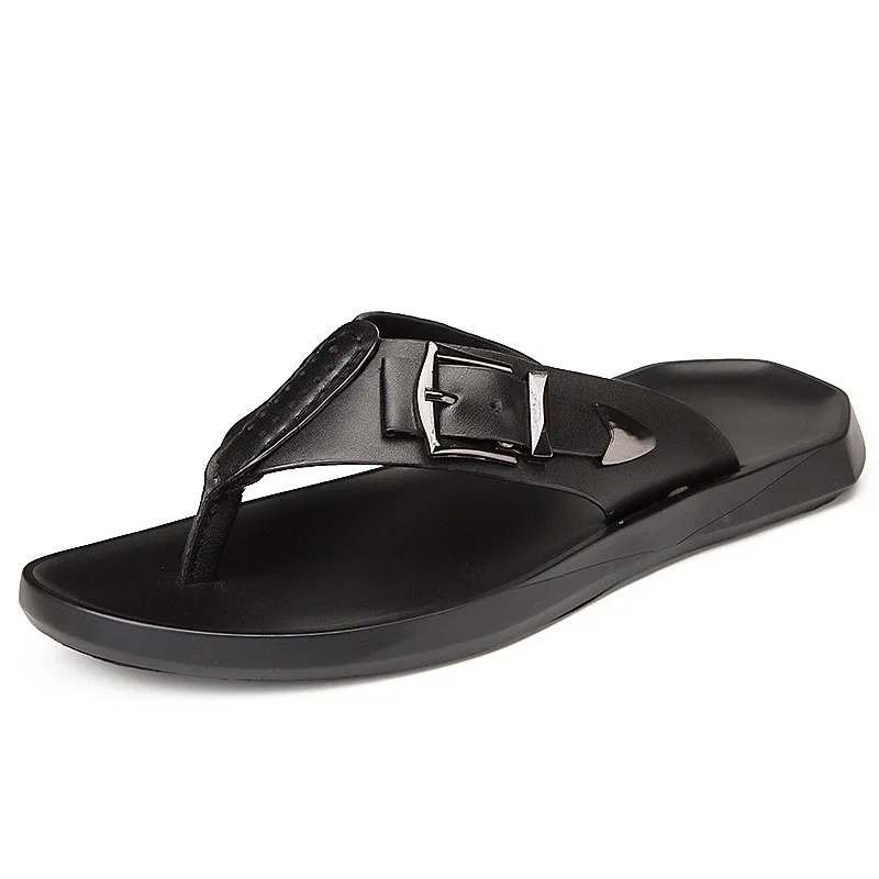 

Genuine Leather Man Slippers Brand Summer Flip Flops Men Sandals Beach Black Fashion Slides Breathable Comfortable Non-slip Shoe
