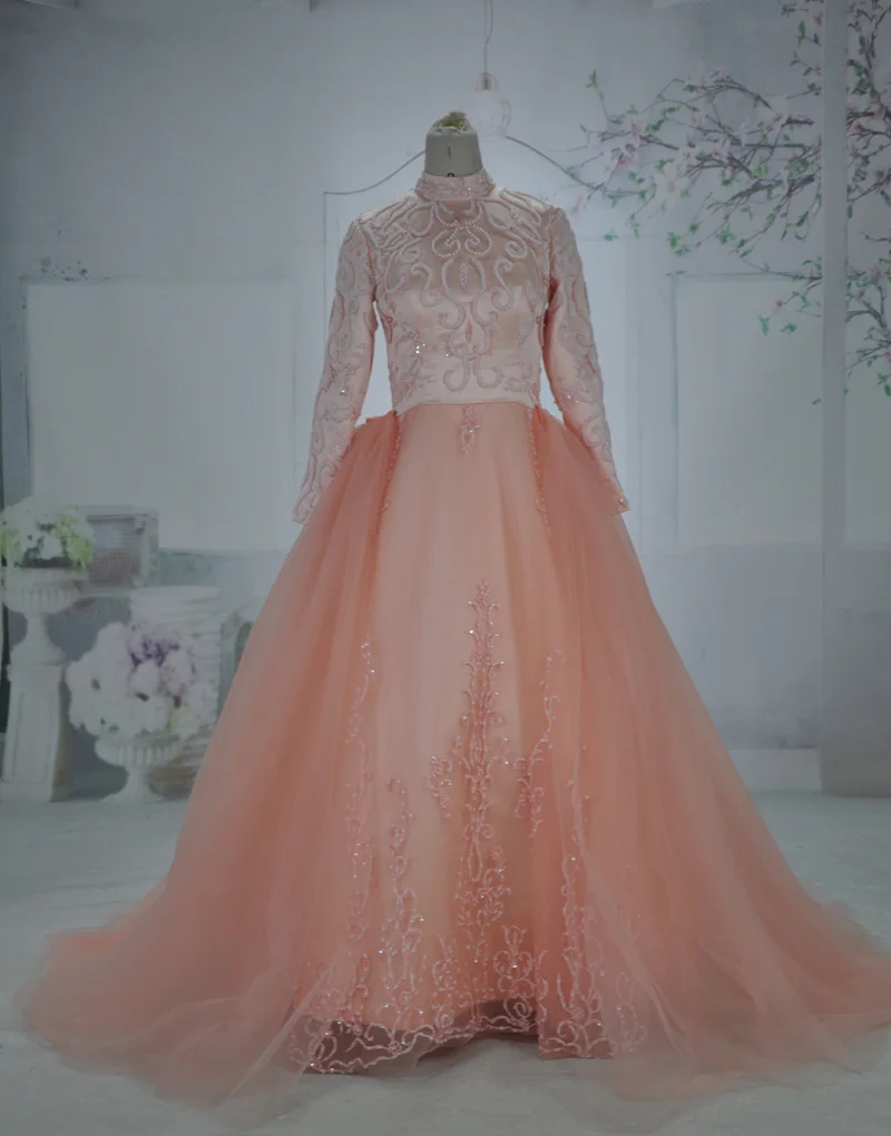 Oumeiya omy168 Real Photos Pink Tulle Beaded Embroidery High Neck Long Sleeve font b Hijab b