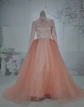 Oumeiya omy168 Real Photos Pink Tulle Beaded Embroidery High Neck Long Sleeve Hijab New Design Muslim Bridal Dress 2016