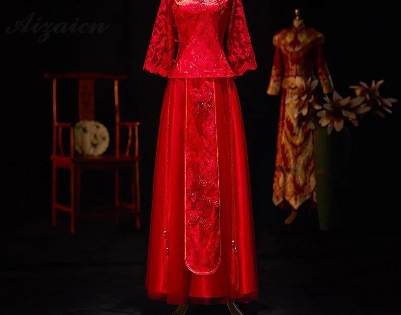 Модные красные кружева вышивка Cheongsam свадебное платье Qipao восточные платья китайское традиционное платье Китайский халат Qi Pao