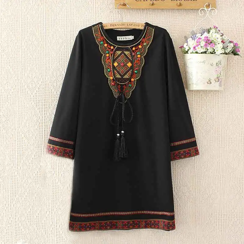 Spring Autumn Vintage Dress Black Embroidery Beaded Ethnic Dress Women