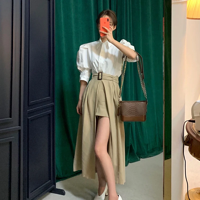 

bubble sleeve shirt waist split skirts two piece set vintage elegant white shirt Summer Women's Sets New 2 pecas women Suits