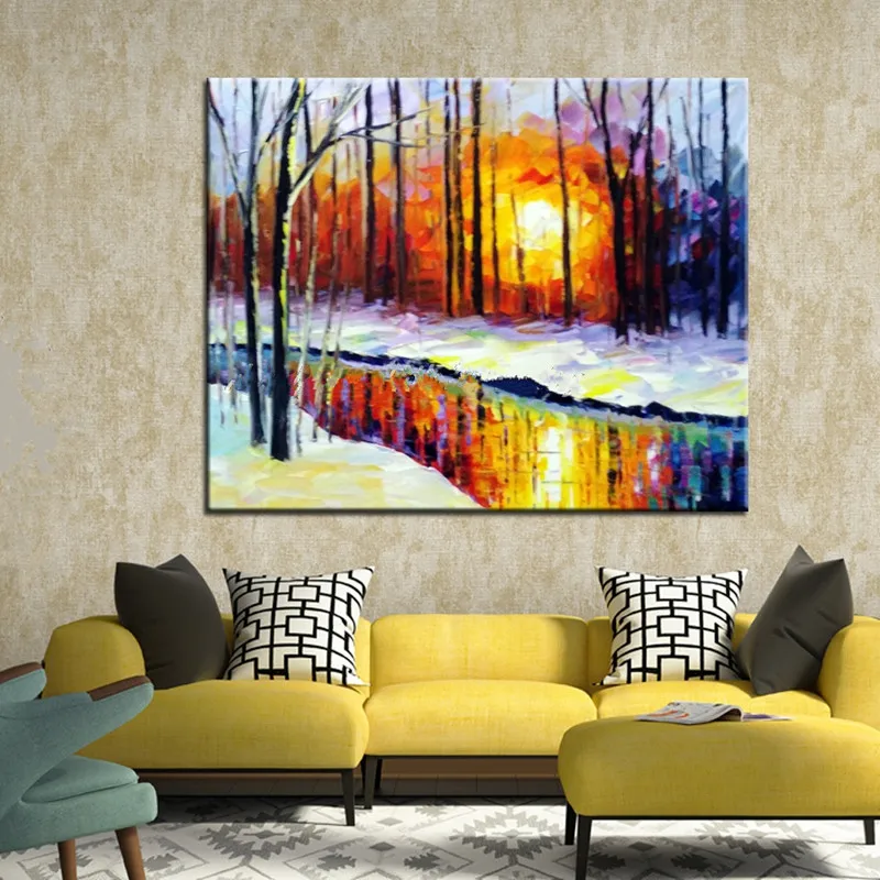 

Large Colorful Winter River Scenery Painting Handpainted Abstract Landscape Oil Paintings on Canvas Home Decor Wall Art Pictures