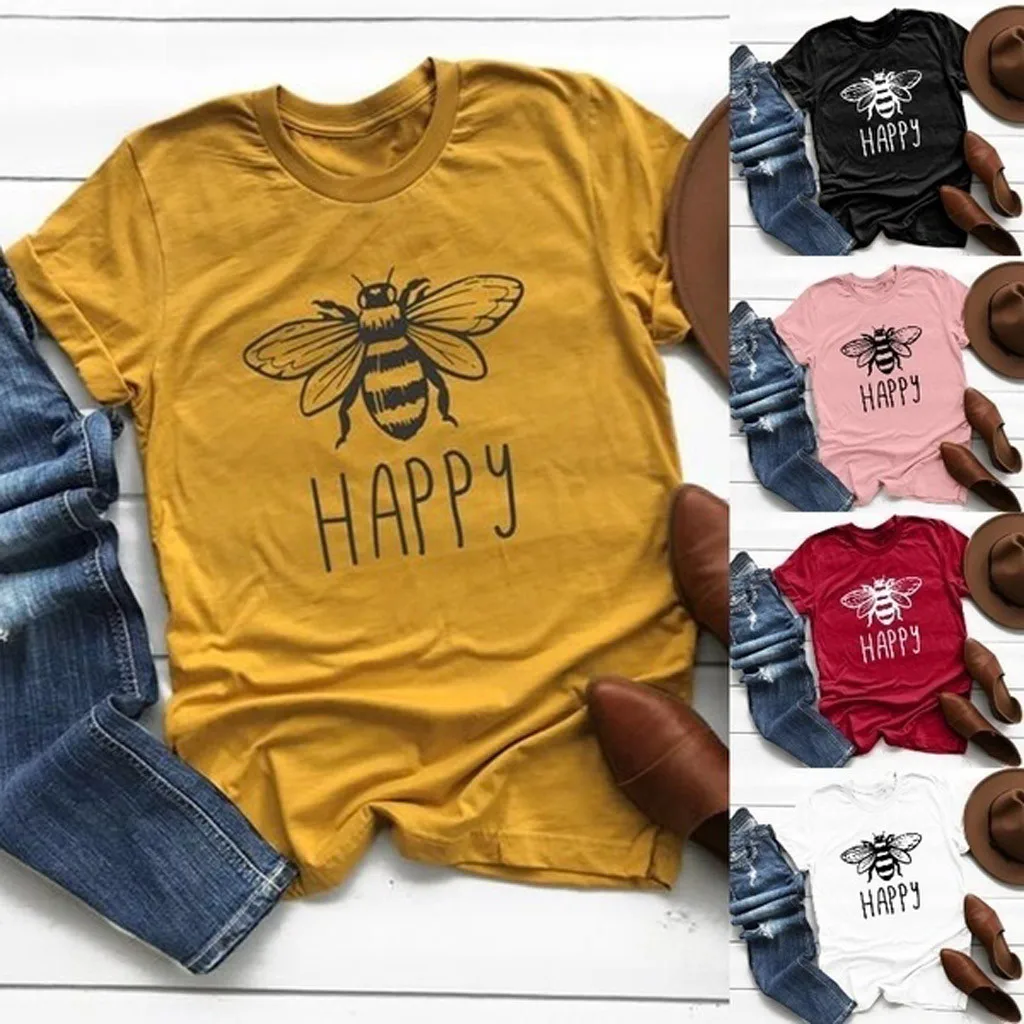 Женская футболка размера плюс, хлопок, круглый вырез, пчела, с принтом, короткий рукав, летняя, повседневная, Пляжная, свободная, женская рубашка