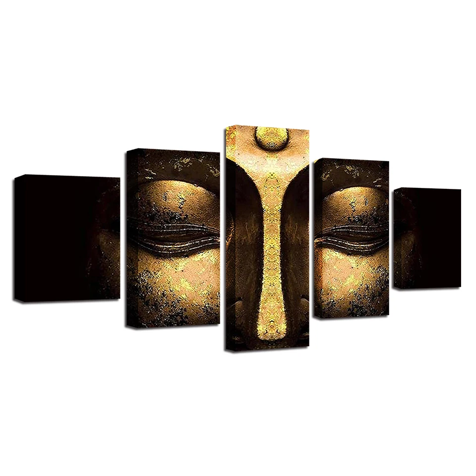 Wall Art Canvas HD Prints Poster Home Decor Pictures 5 Pieces Golden Buddha Peaceful Face Painting Modular Living Room Framework
