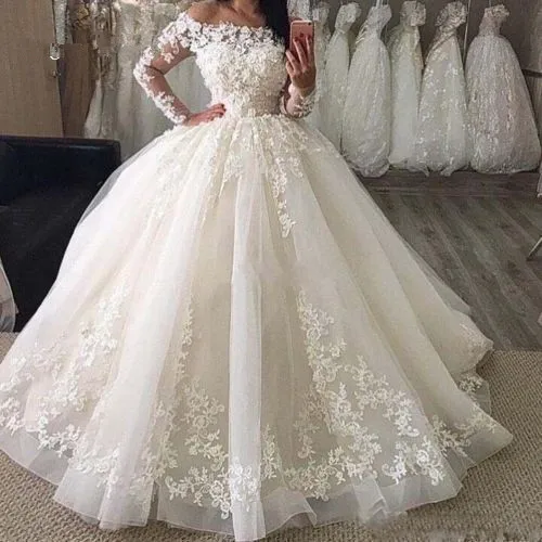 Длинные рукава Vestido De Noiva мусульманские свадебные платья бальное платье с горловиной лодочка Тюль Кружево Бохо Дубай Арабский свадебное платье невесты