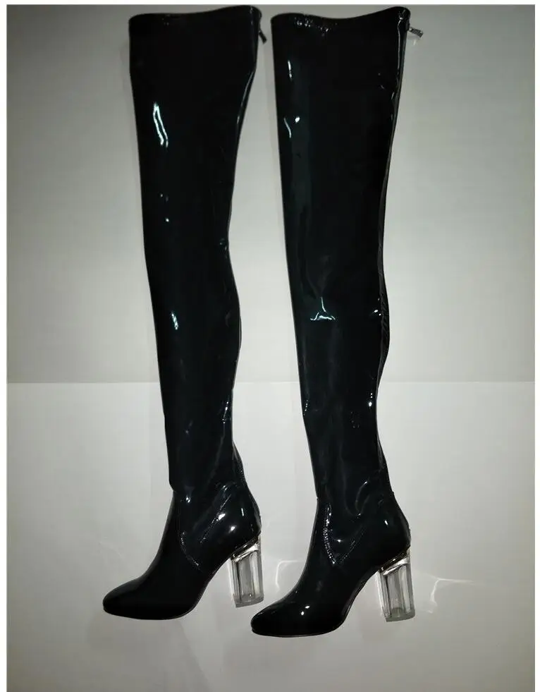 JAWAKYE/пикантные Сапоги выше колена на высоком массивном каблуке женские эластичные сапоги из лакированной кожи синего цвета женские сапоги до бедра - Цвет: black