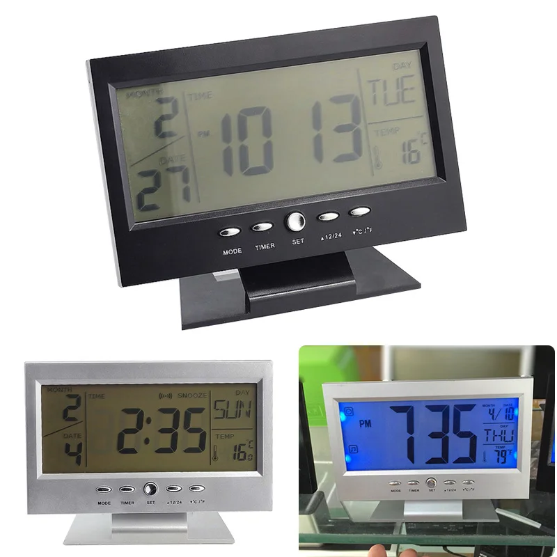 LED Voice Control Alarm Desk Clock Weather Monitor Calendar with