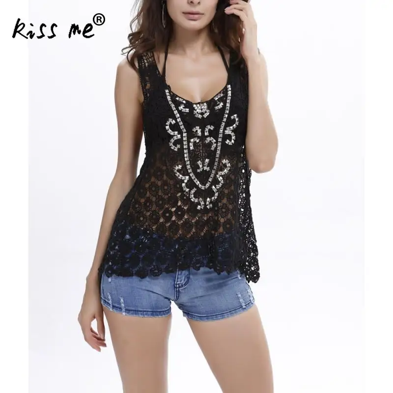

Lace Hollow Female Top Patchwork Beach Cover Up Women's Tunic Black Beachwear Cover-Ups White Tank Top Summer Clothes for Women