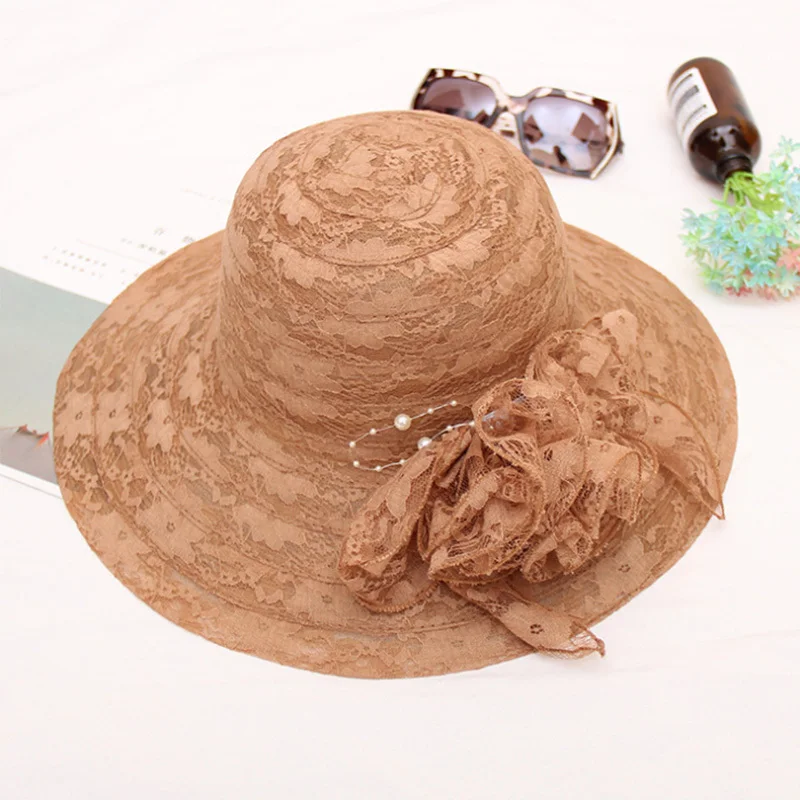 2018 جديد خمر الزهور الدانتيل صافي الغزل قبعات للحماية من الشمس للنساء الصيف الواسعة الحافة طوي في الهواء الطلق السفر الشاطئ قبعات