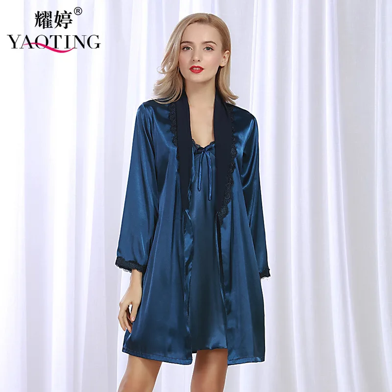 Lace European Luxurious Women Bathrobes Long Sleeve Two Piece Imitation