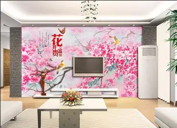 

3d wallpaper custom mural non-woven wall sticker wall paper Romantic pink flowers and birds on Chinese TV setting wall
