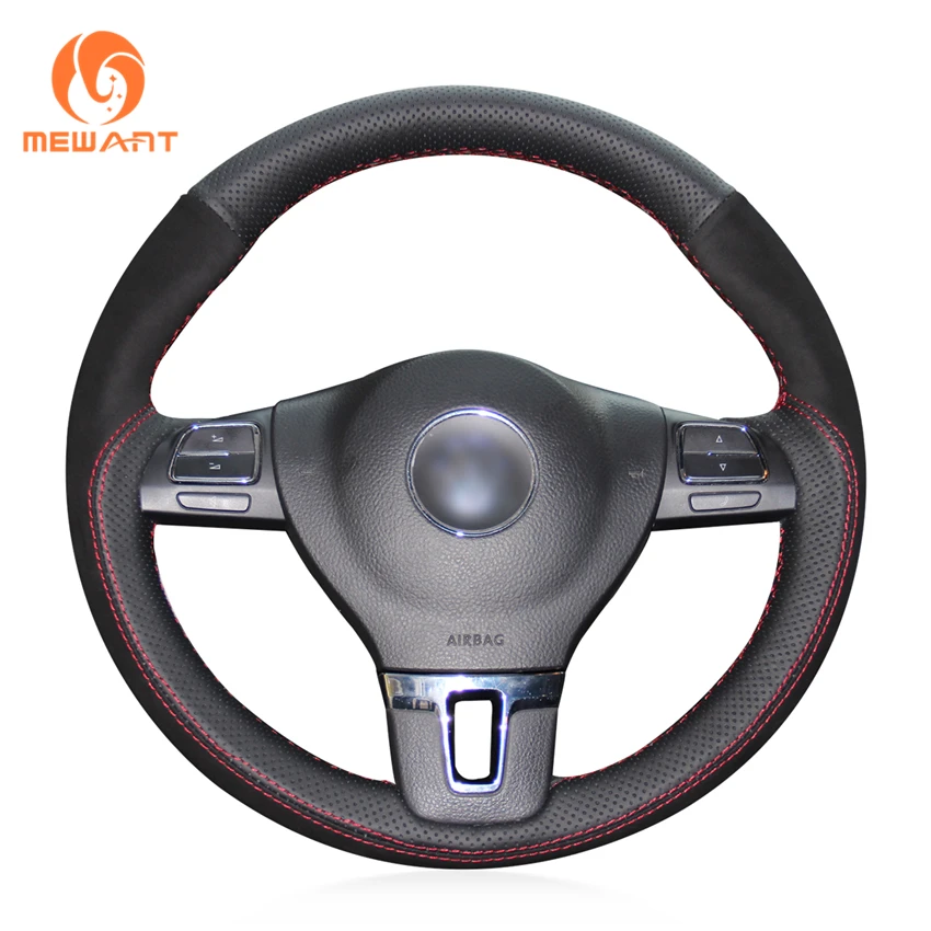 MEWANT Black Genuine Leather Black Suede Steering Wheel Cover for