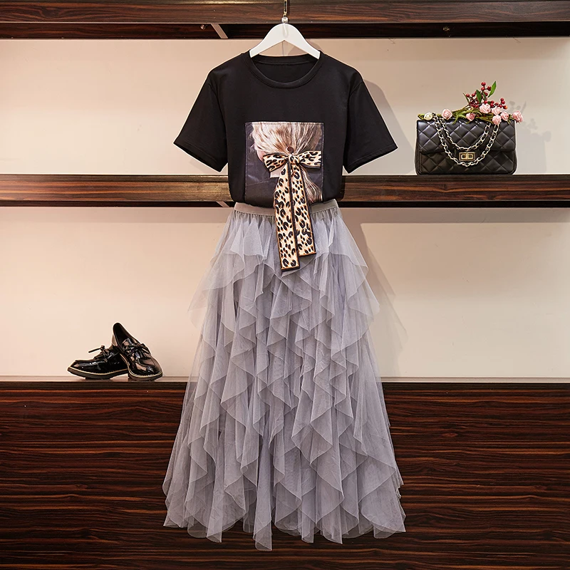 

Banulin 2019 Women Summer Character Leopard Bow Print T shirt +Elastic High Waist Irregular Hem Mesh Tutu Skirt 2 Pieces Set