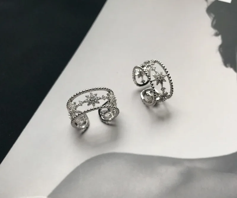 High-Quality Silver Multi-Layer Star Zircon Rings 925 Hollow Hexagonal Star Ring For Women Girl Resizable Fashion Rings