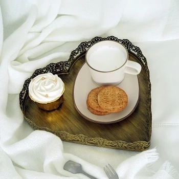 

Vintage Tray Metal Golden Color Heart Shaped Dessert Plate Serving Tray